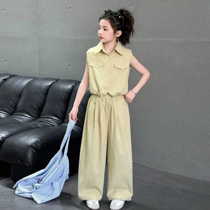 女童夏装套装2025新款洋气时髦大童阔腿裤夏季薄款休闲儿童两件套