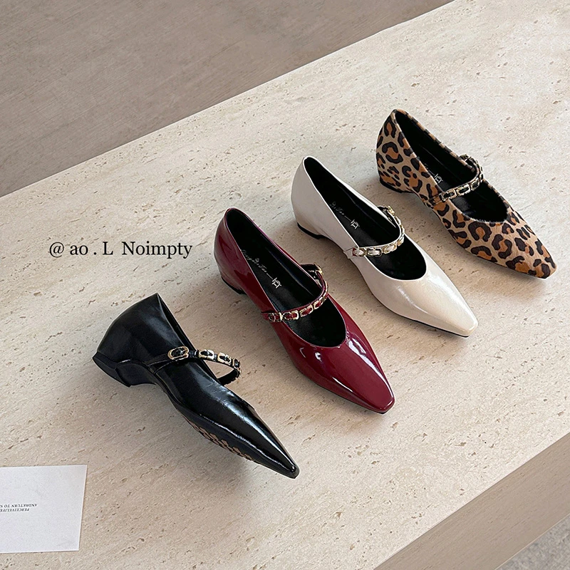 4.5cm 羊皮 法式方头一字式扣带真皮浅口女单鞋内增高玛丽珍女鞋