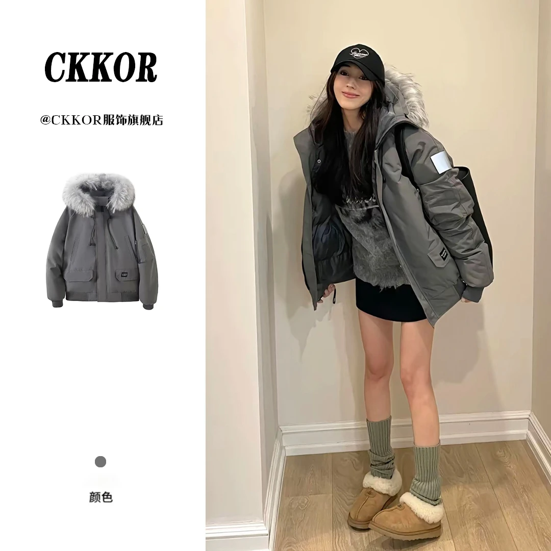 CKKOR冬季新款加厚保暖毛领棉服女美式工装风复古休闲棉衣外套女