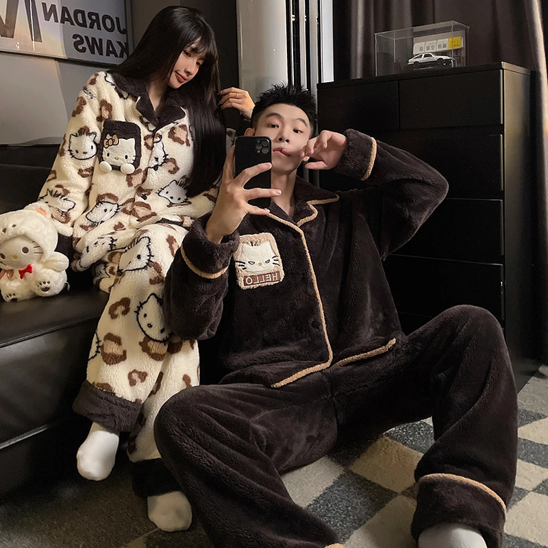 Hellokitty珊瑚绒情侣睡衣秋冬季加绒加厚冬季保暖男士家居服套装