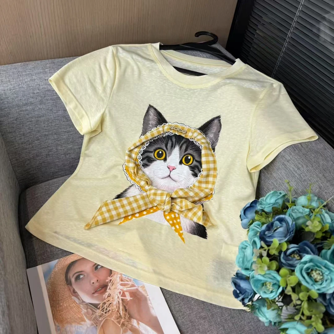 M80105天丝亚麻流款卡通印花圆领短袖T恤潮流休闲上衣