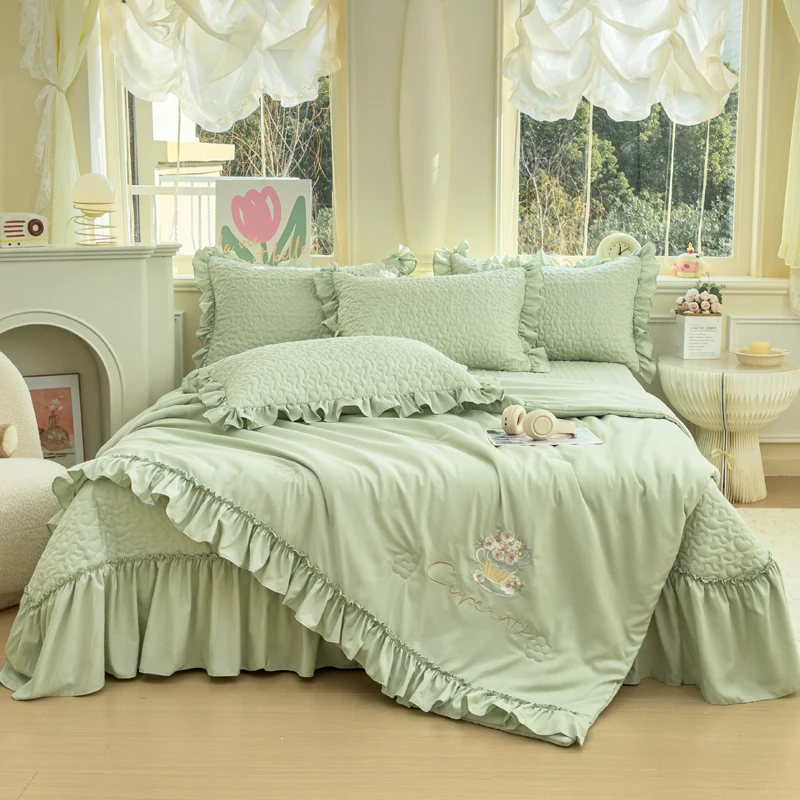 四季韩版刺绣糯糯棉被套夹棉床盖款多功能夏凉被四件套床上用品