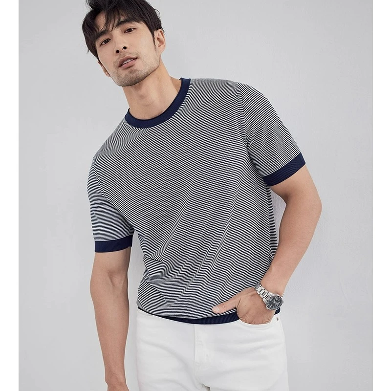 夏季撞拼色修身短袖T恤男韩版复古细条纹透气潮流百搭针织衫上衣