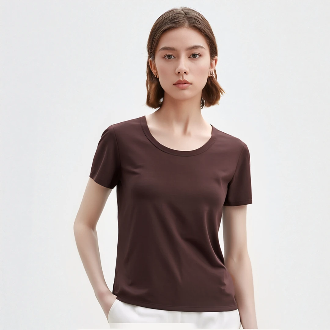 TR同款100兰精莫代尔圆领百搭半袖后背拼缝设计打底衫6112