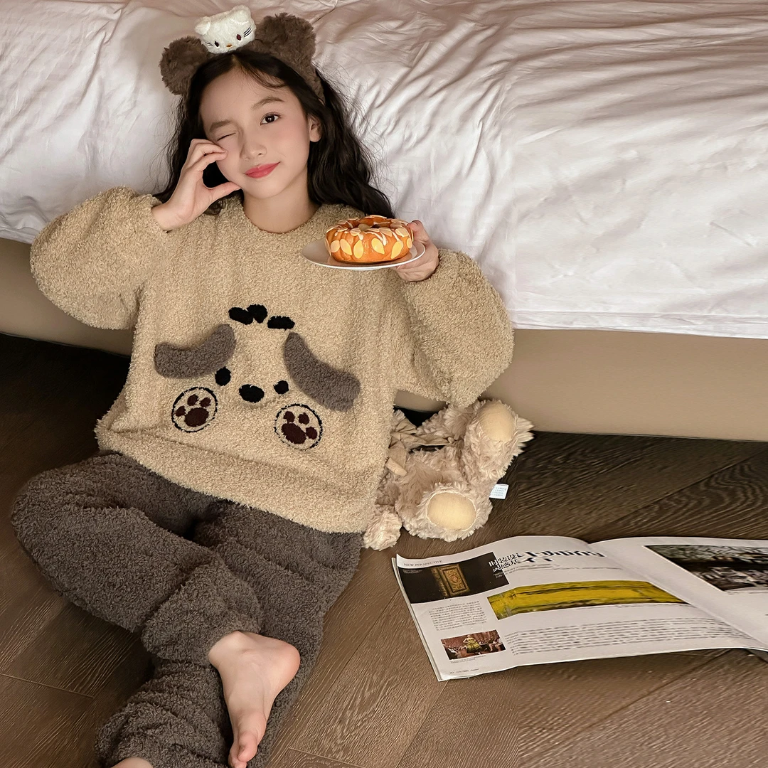 儿童睡衣女孩2025新款秋冬女童冬季珊瑚法兰绒套装大童加厚家居服