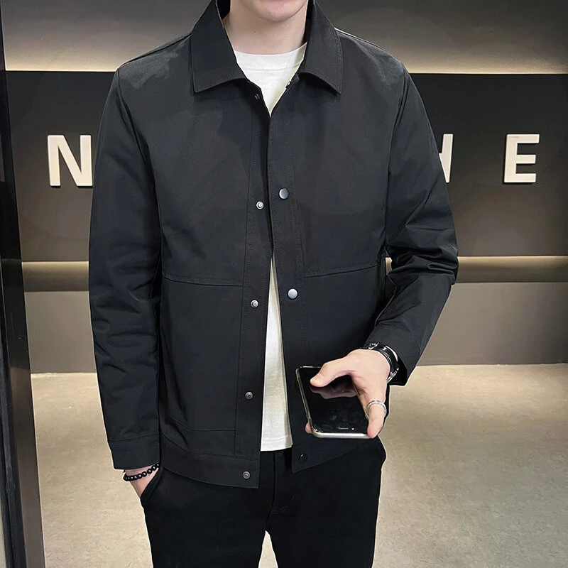 春秋新款男士夹克外套潮流韩版青年修身帅气休闲纯色翻领百搭上衣