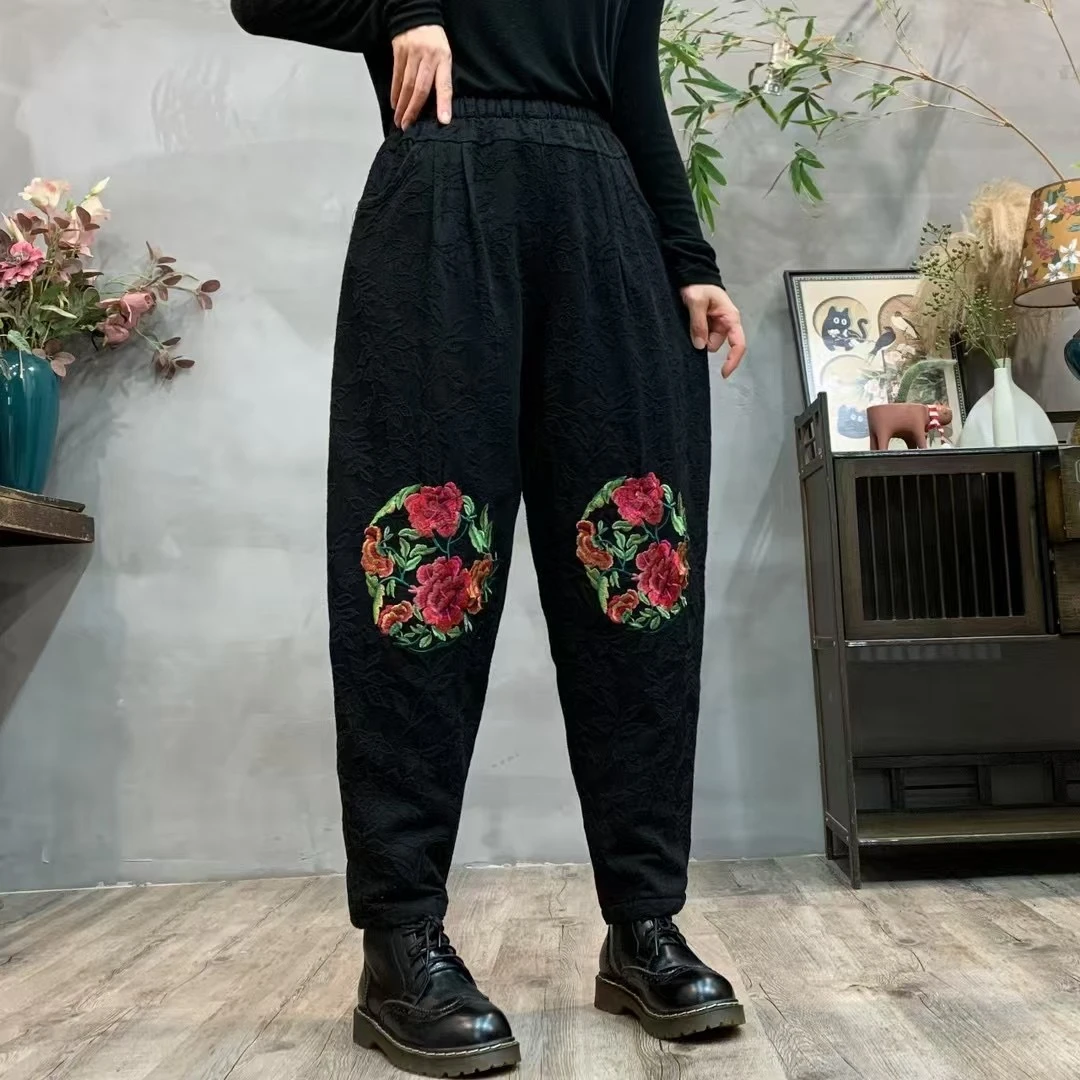 民族风重工刺绣提花哈伦裤文艺复古三层夹棉裤宽松萝卜裤女冬外穿