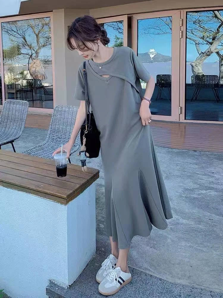 孕妇连衣裙女夏遮肉显瘦休闲宽松小众设计感高级质感荷叶边长裙子