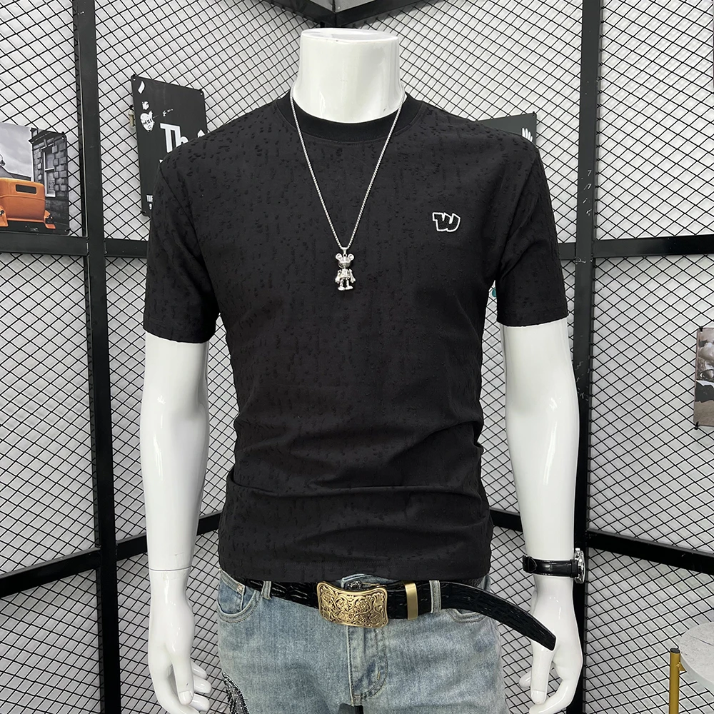 纯色重工刺绣短袖男士时尚个性打底提花半袖韩版夏季圆领修身t恤