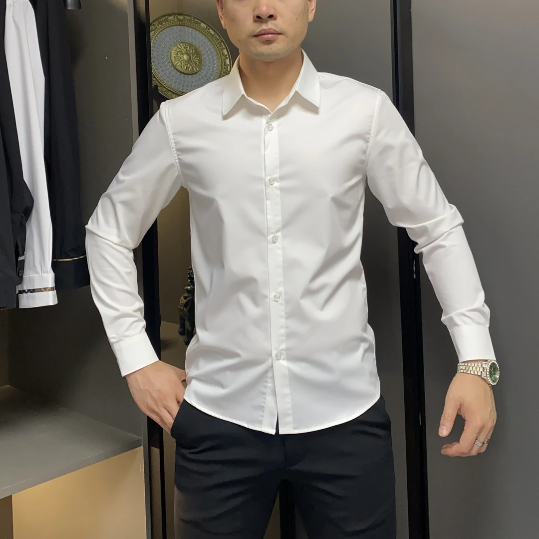 2025秋季男士新款纯色修身休闲商务免烫长袖衬衫纯色百搭24101