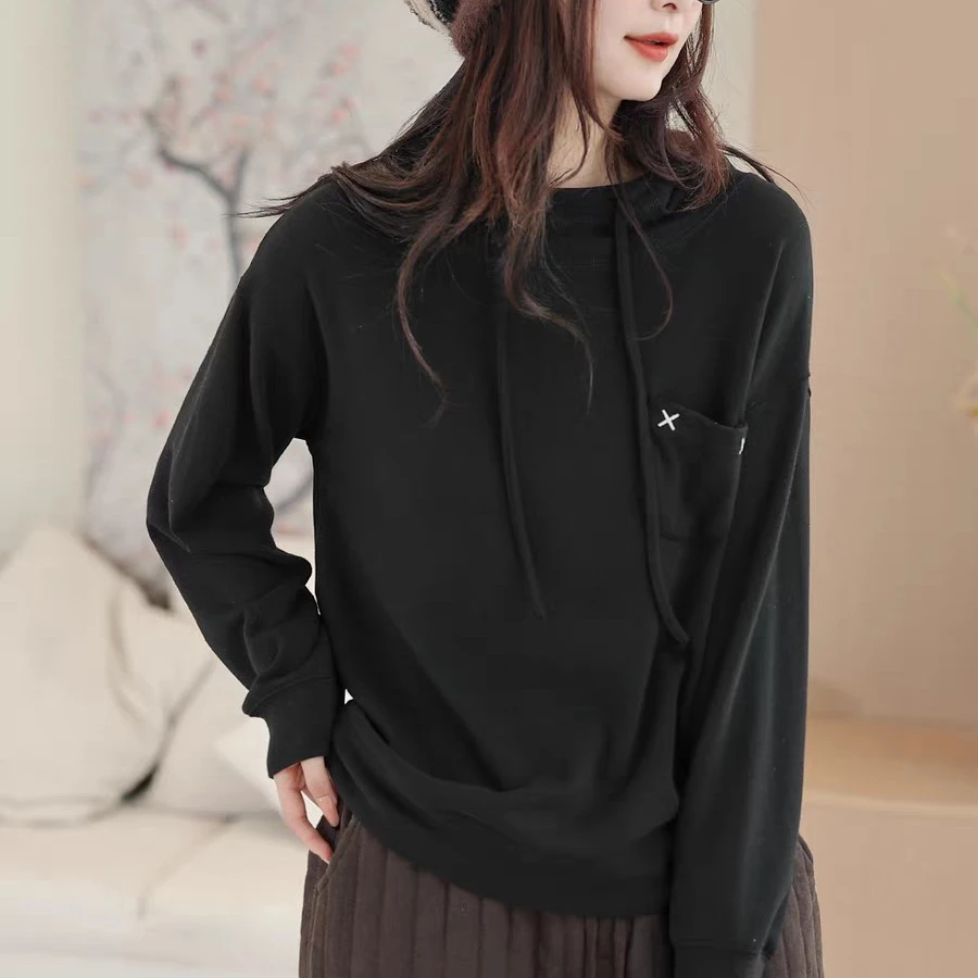 秋季上衣卫衣黑色休闲连帽字母女士抽绳长袖慵懒风