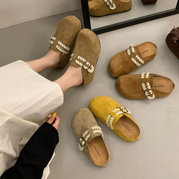 2025新款浅口少女风纯色学院风包头拖方头防滑厚底时尚休闲软底