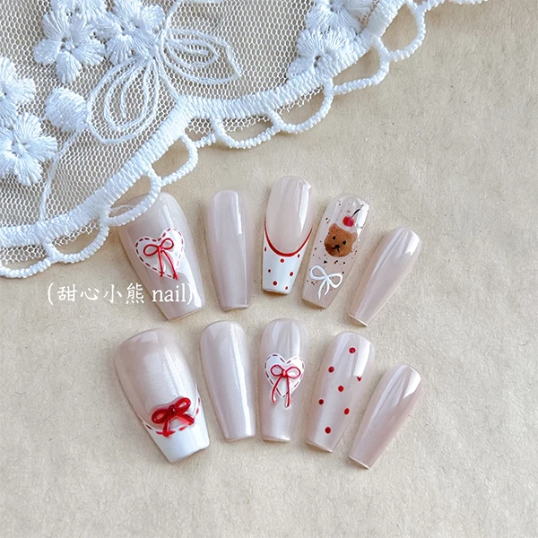 【甜心小熊】法式甜美奶油风猫眼美甲简约细闪轻奢高级纯手工穿戴甲
