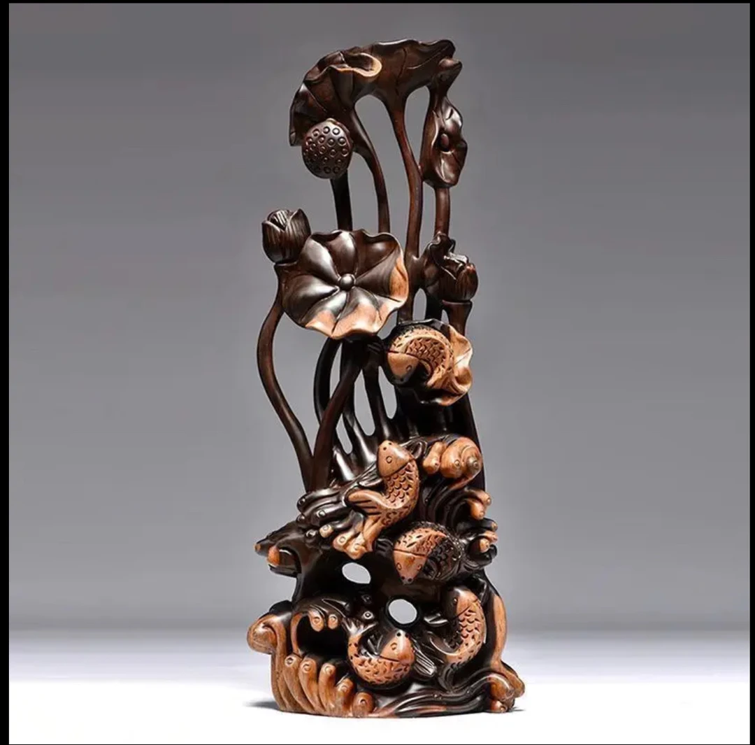 天然黑檀木【白皮】实木荷花 中式家具 家居摆件 茶室茶宠茶叶罐 XL