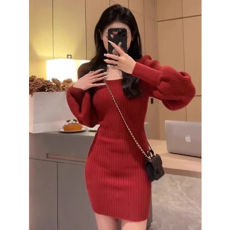 秋冬季女装小香风法式漂亮新年战袍圣诞小个子红色针织毛衣连衣裙