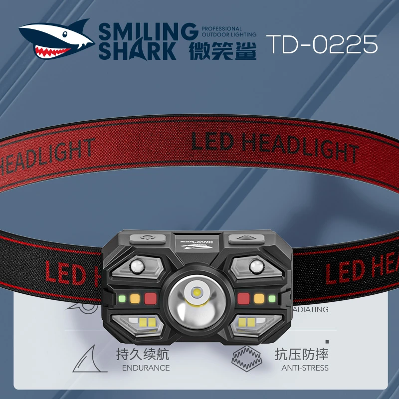 M微笑鲨强光感应头灯超亮户外大锂电钓鱼专用超长续航远射LED