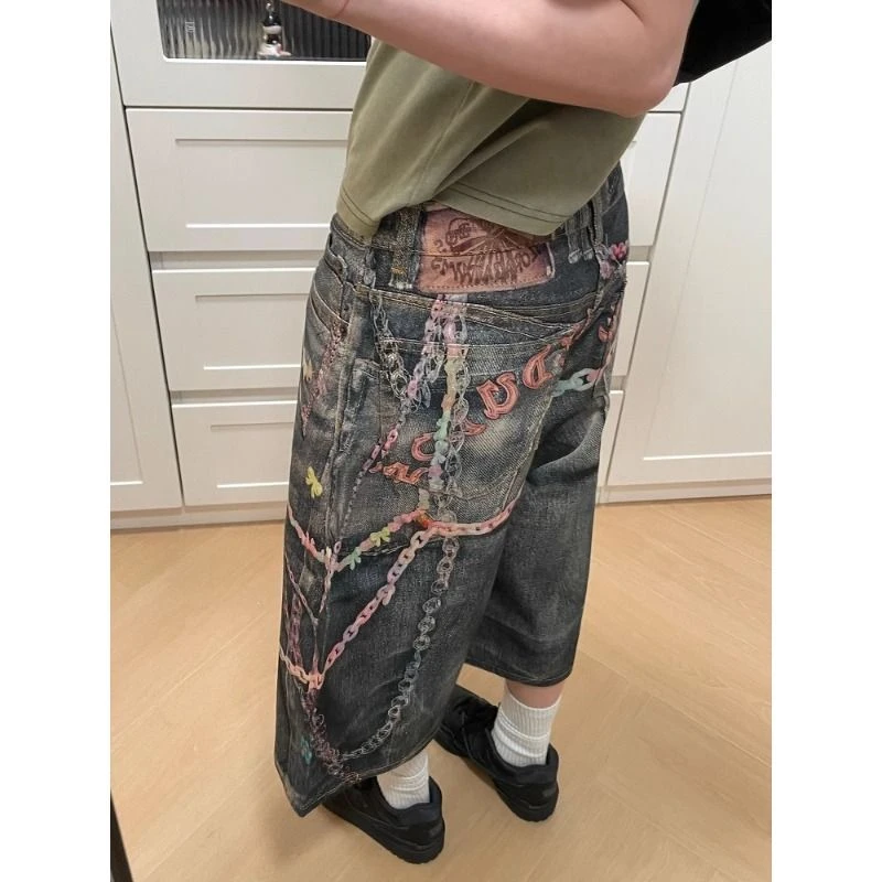 数码链条涂鸦印花水洗七分牛仔裤男女夏季宽松百搭直筒帅气中裤潮
