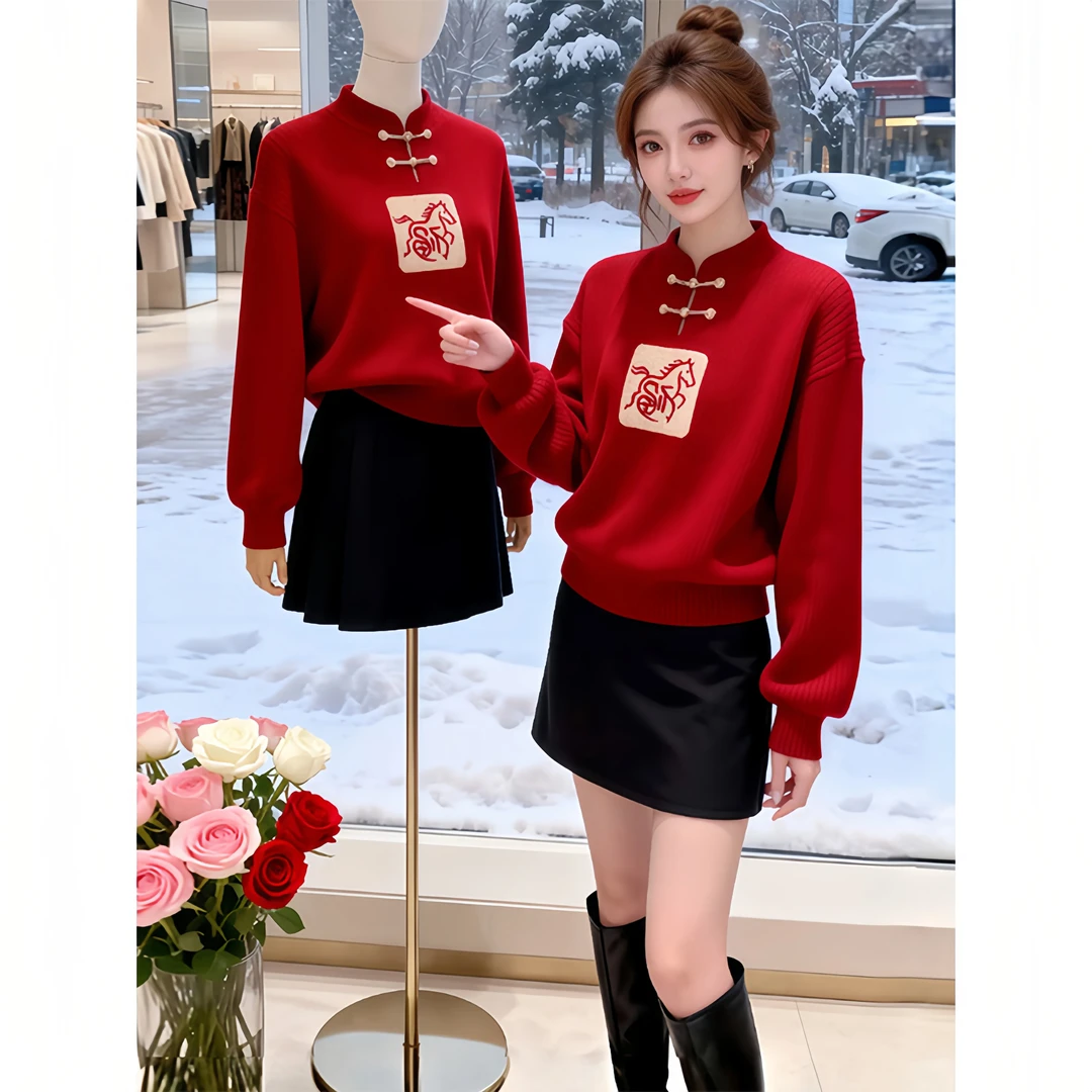 新中式国风盘扣白马针织毛衣女款2026新款冬季本命年马年衣服