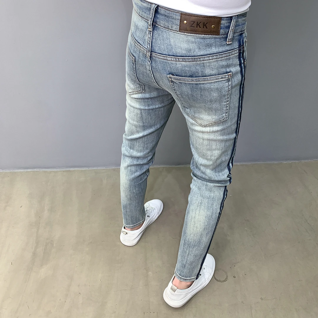 美式高街三条杠牛仔裤男水洗蓝色百搭时尚小脚韩版潮牌修身长裤