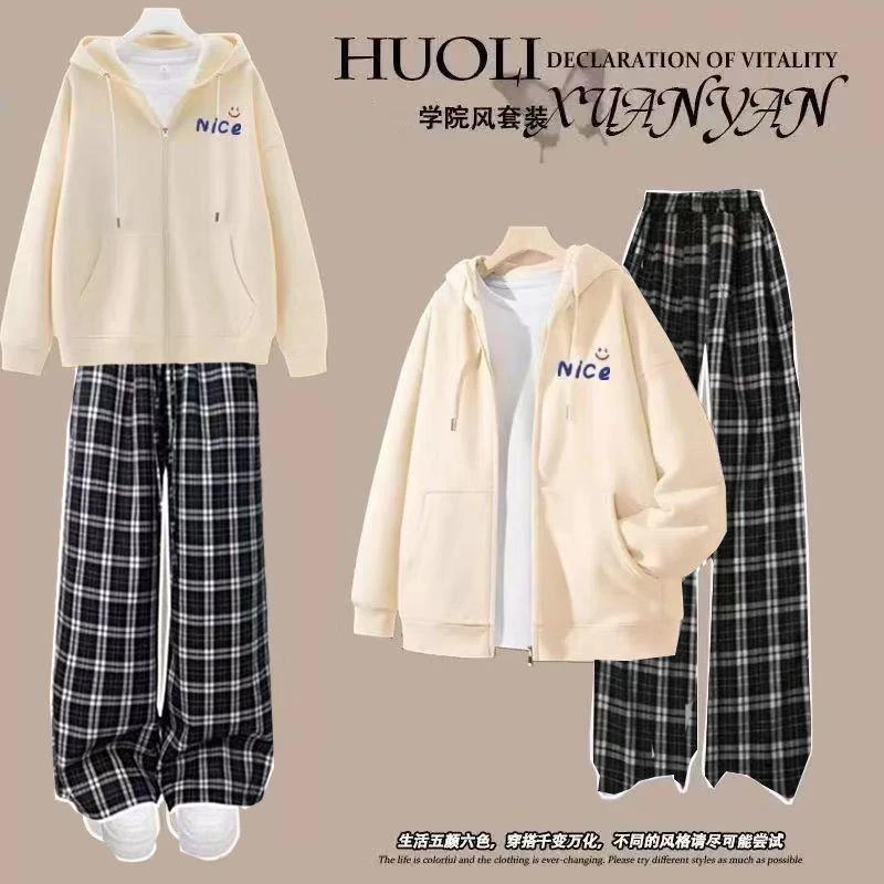 女大童两件套装初中生2025秋冬季少女甜美韩系拉炼开衫卫衣格子裤
