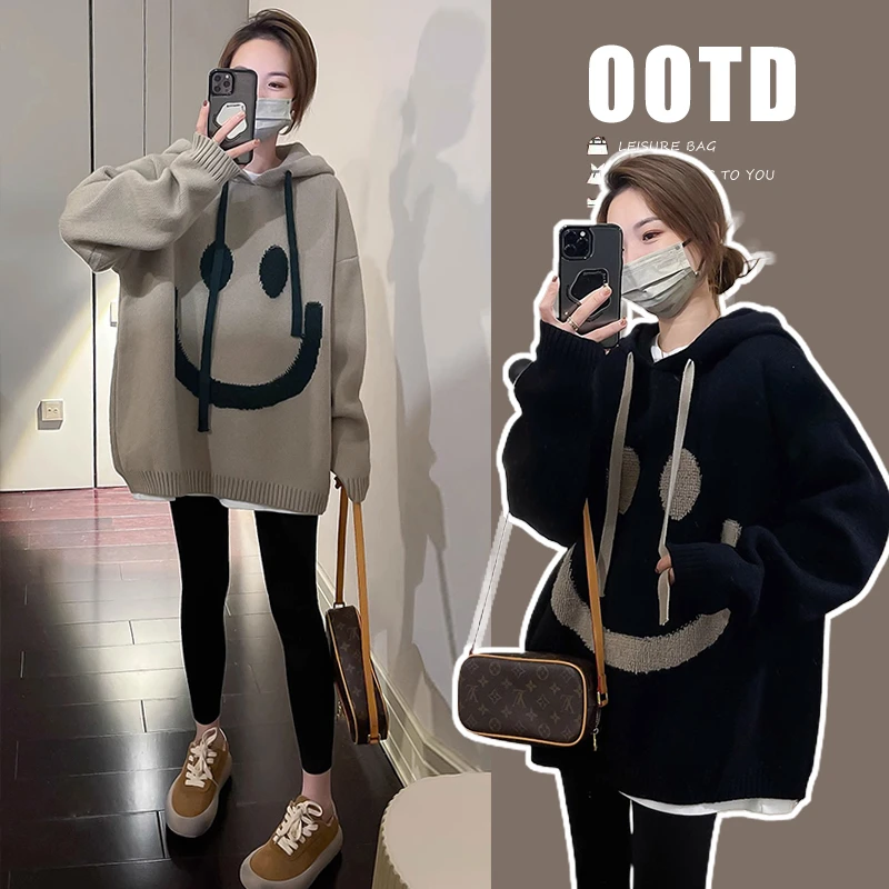 L416#9.2秋冬季宽松孕妇毛衣慵懒风百搭笑脸连帽孕妇上衣