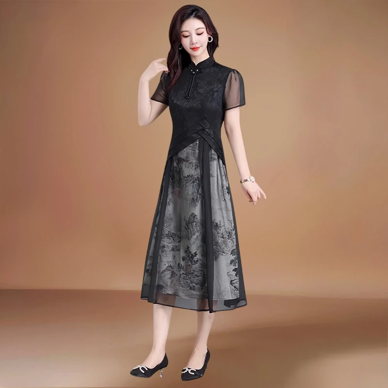 高端气质新中式旗袍改良高贵妈妈雪纺连衣裙女夏季广州十三行爆款