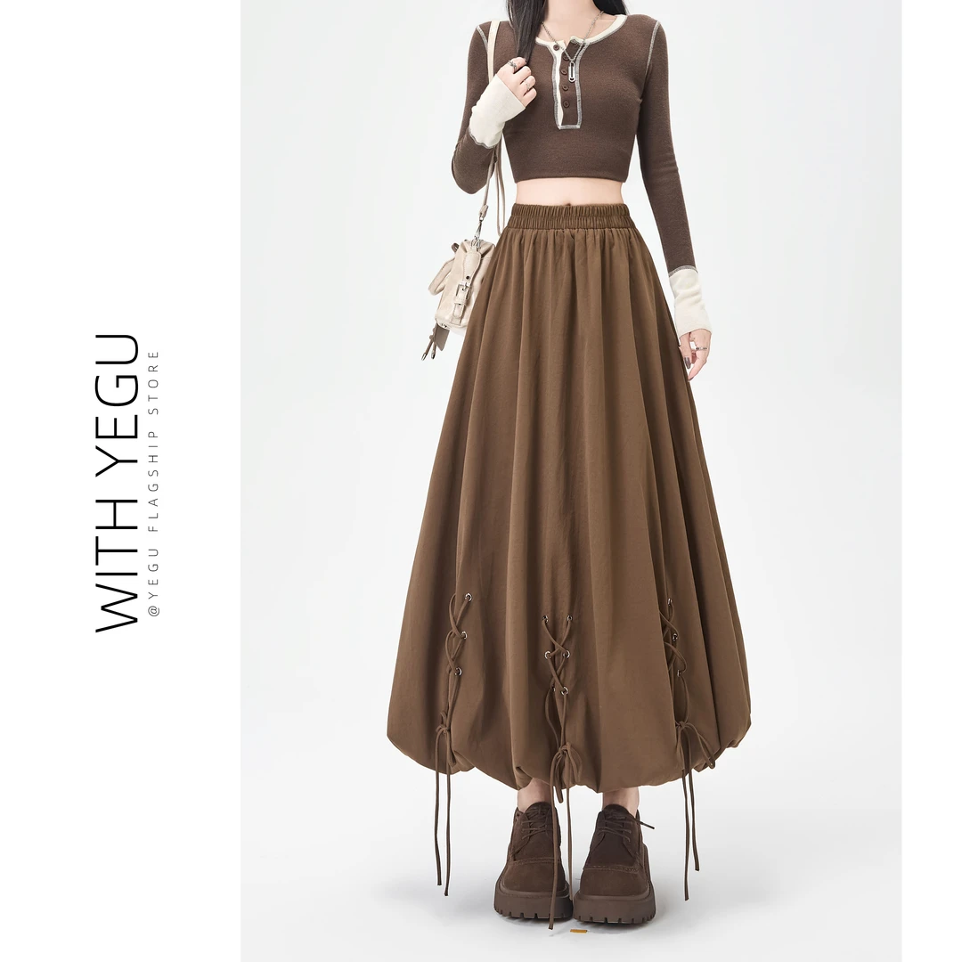 美拉德风咖色系绳花苞裙女春秋季高腰a字灯笼裙中长款蓬蓬半身裙