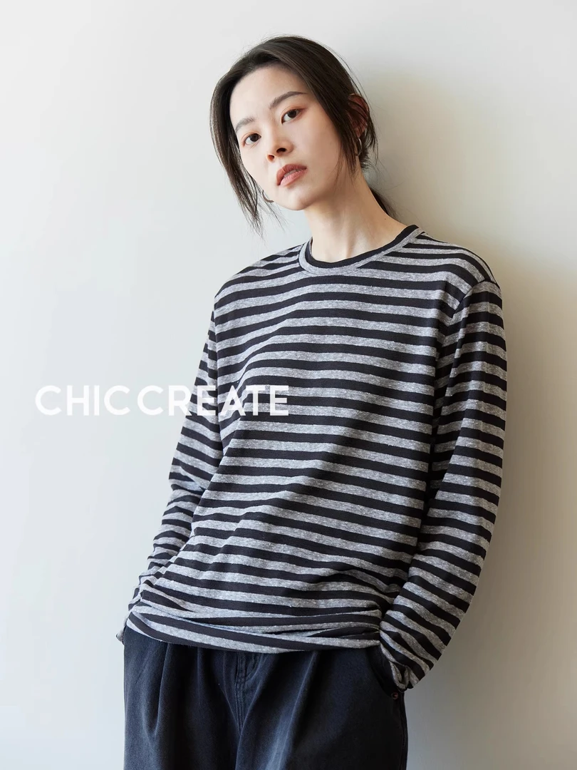 法式松弛感！ 花纱条纹宽松显瘦圆领长袖T恤上衣女夏秋新