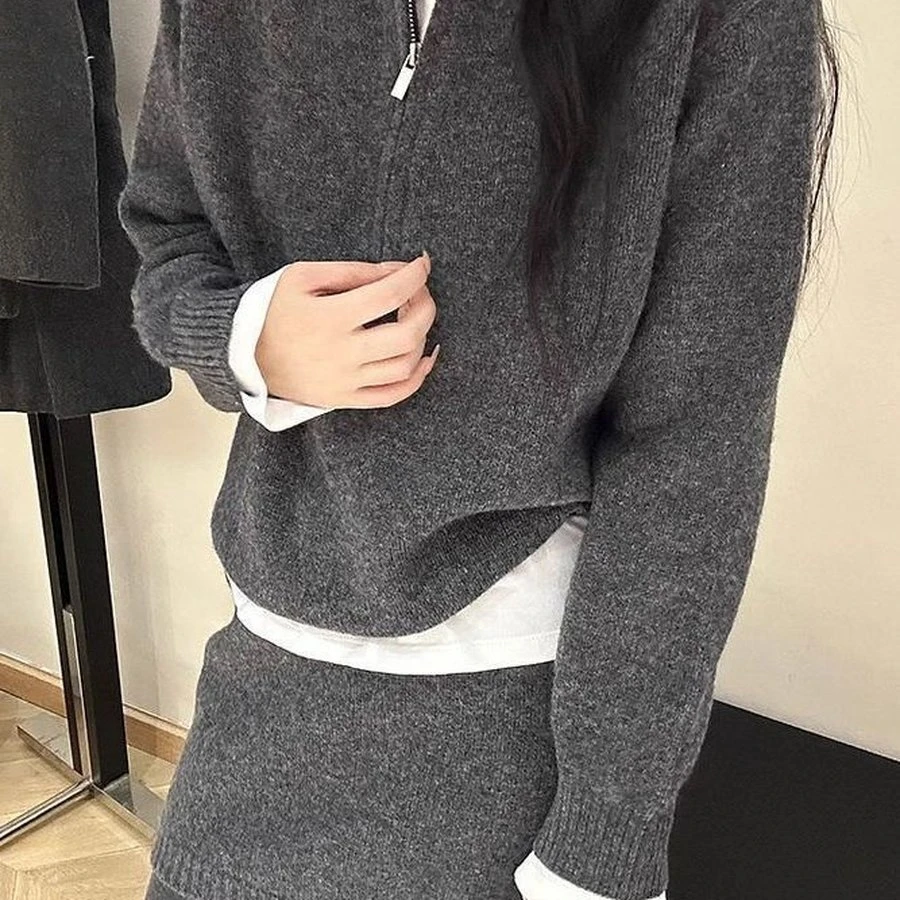 韩系穿搭一整套灰色毛衣套装女针织半身裙秋冬新款超火高级感套装