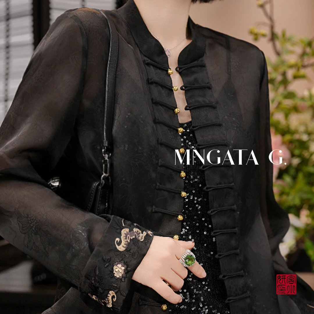 MNGATA G.宫小妍【翡翠绿葵】真丝夏日新中式国风百搭外套Y4111861