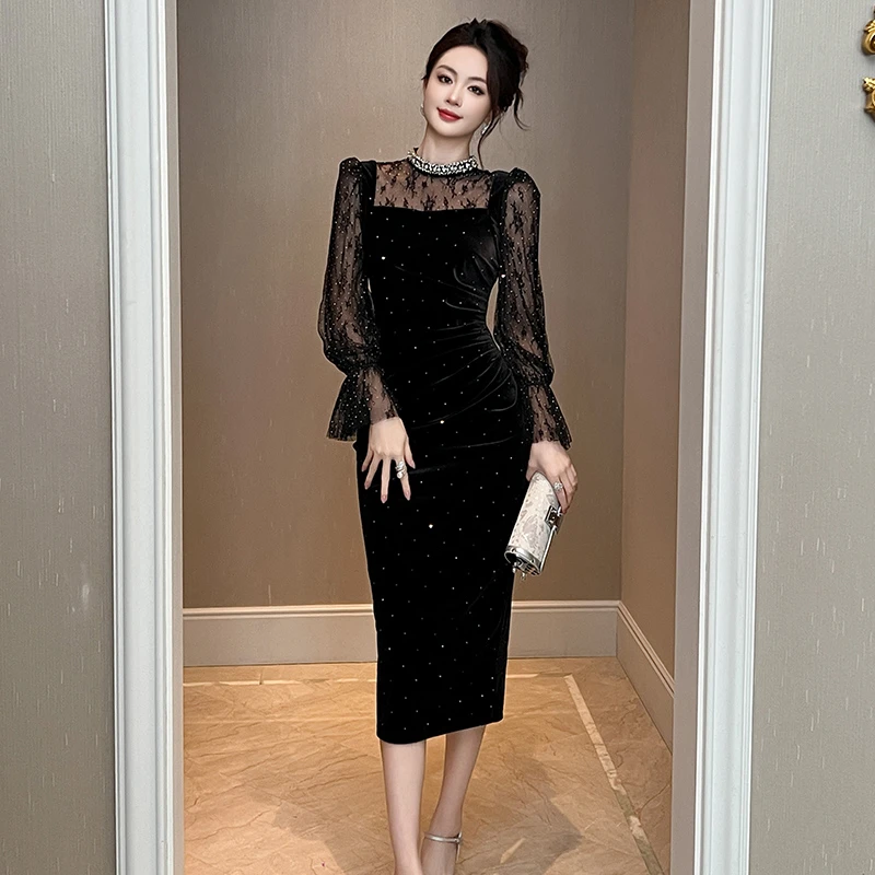 蕾丝修身复古法式包臀优雅显瘦气质轻奢时尚名媛宴会连衣裙9955