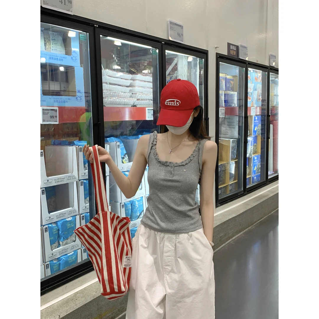 实拍实价 夏季韩版气质方领木耳边纽扣设计工字型百搭T恤背心上衣