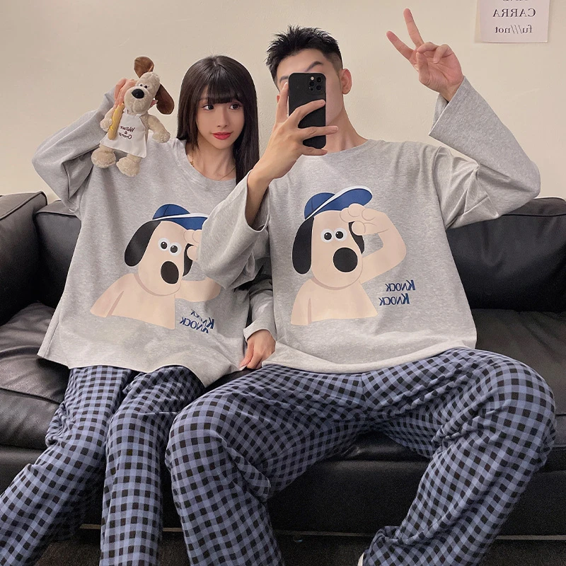 芯语婷春秋季新款灰色小狗情侣睡衣男女士冬季长袖卡通家居服套装