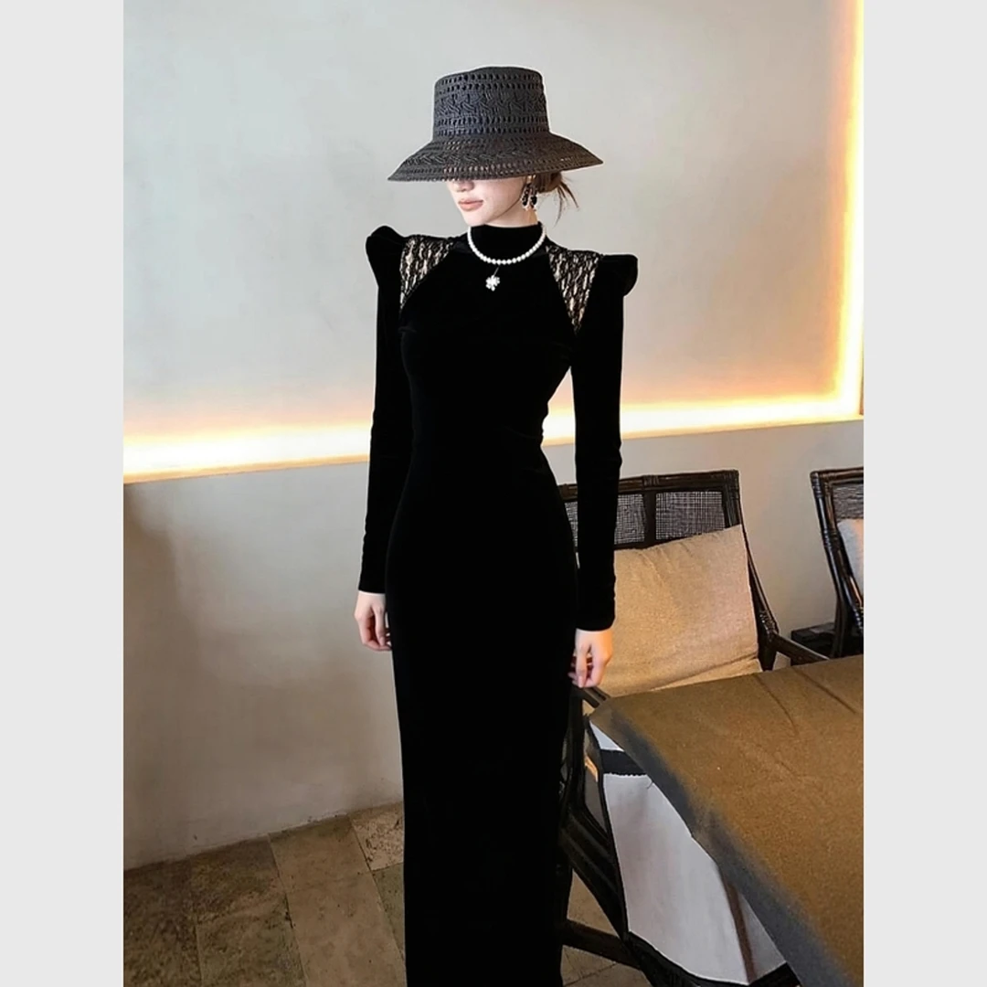黑色丝绒连衣裙秋冬新款重要场合巨好看小飞袖修身时尚内搭长裙子