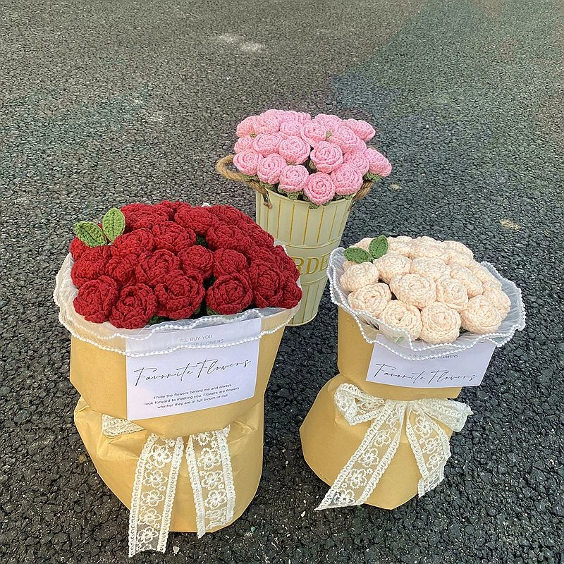 diy手工编织玫瑰花束钩针毛线成品情人节生日可爱周年纪念日礼物