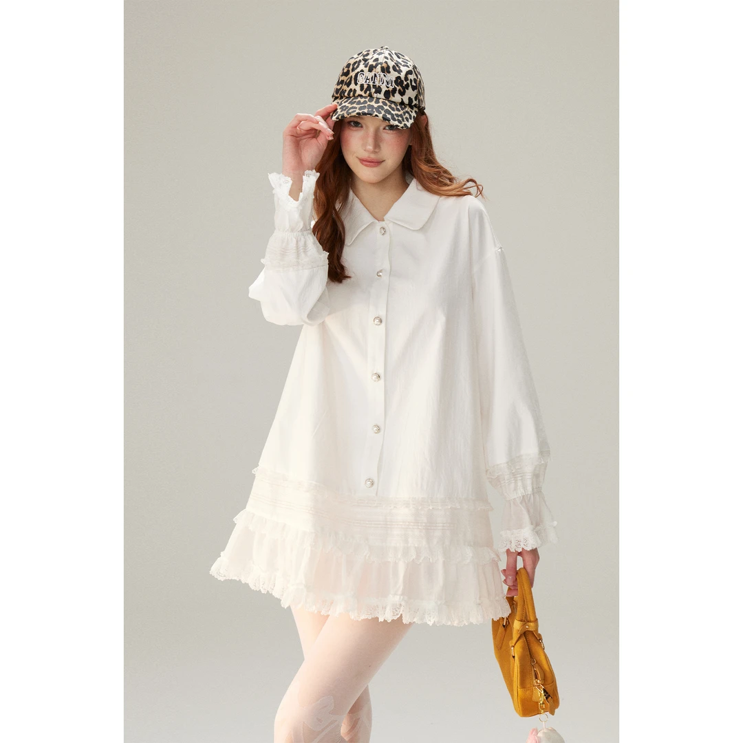 早春款上新甜美白月光仙女连衣裙宽松直筒蕾丝花边衬衫短裙W2060