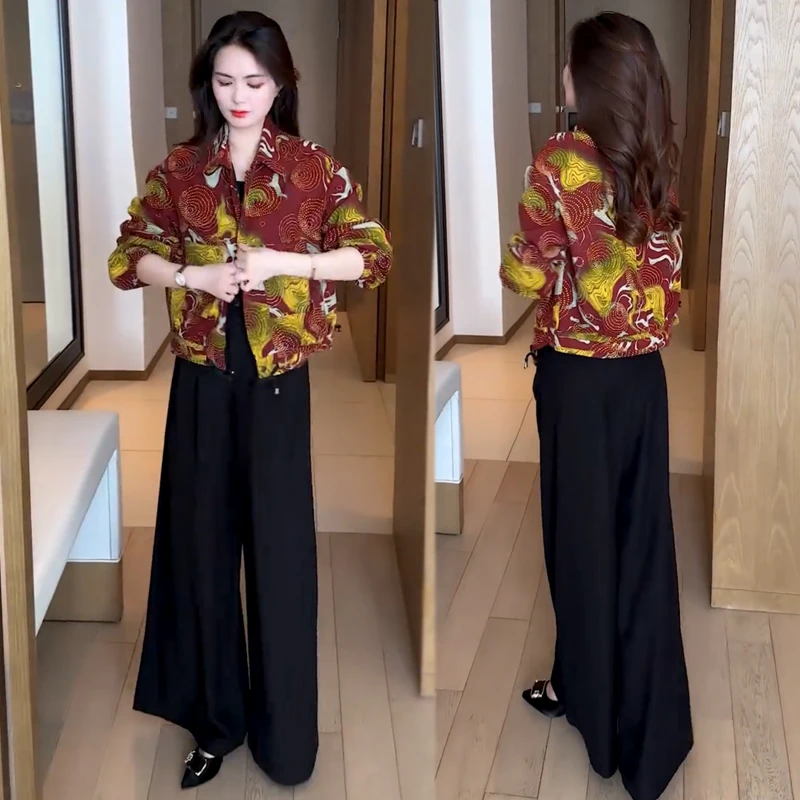 时尚套装女春秋季新款洋气质收腰遮肉显瘦高级感百搭印花夹克上衣