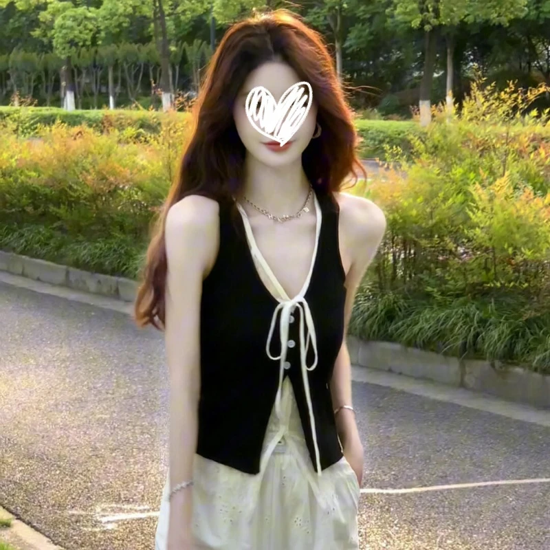 艺等夏季新款韩版时尚修身显瘦辣妹蕾丝假两件外穿黑色背心上衣潮