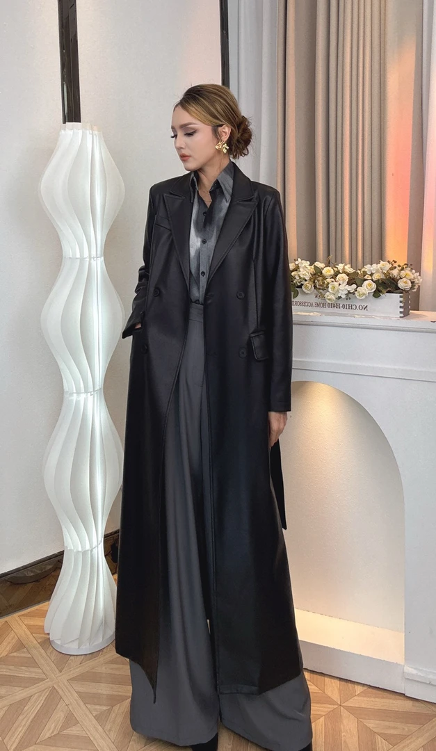 ADLA春季新款长款韩版皮大衣西装领外套高级感显气质