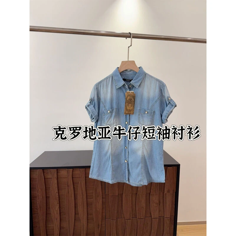 克罗地亚订单~100纯棉 短袖牛仔衬衫女