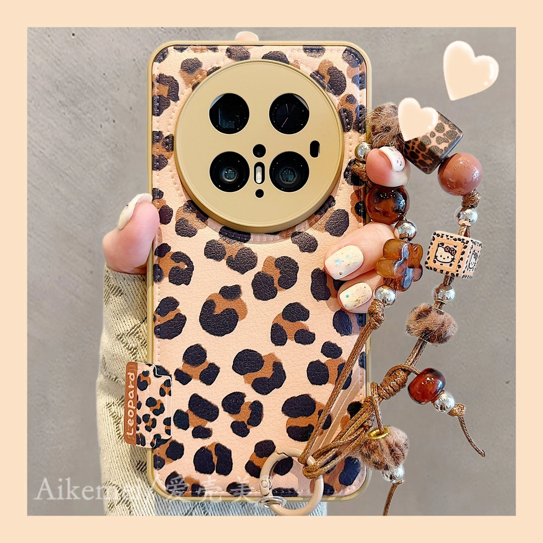 适用华为mate70pro+手机壳秋冬复古Mate60pro+棕色皮质豹纹链条女