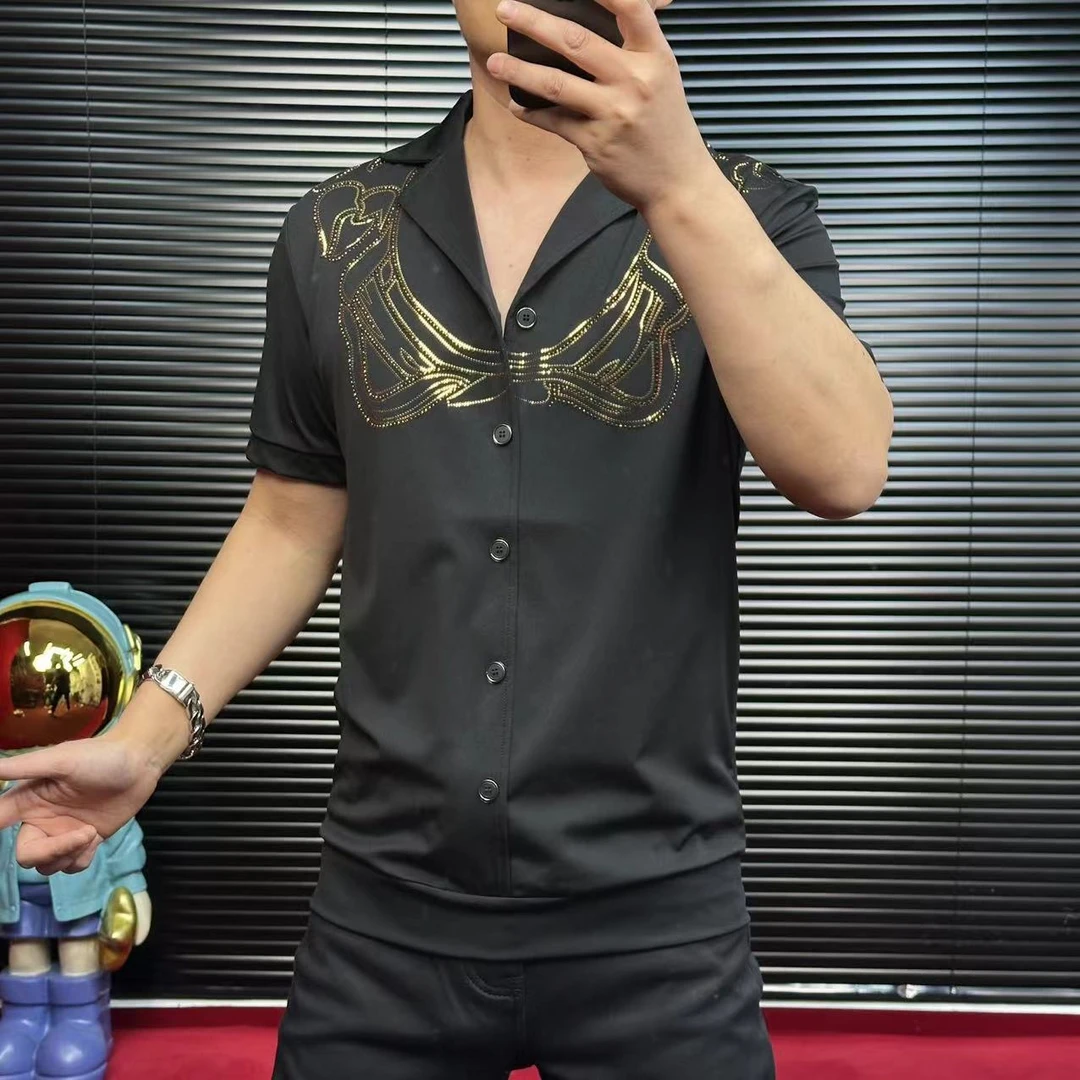 ST定制2025高品质欧货男士时尚休闲夏季修身烫钻薄翻领衬衫6012