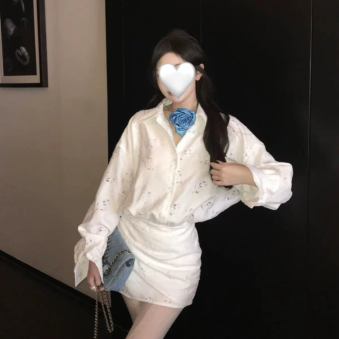 【白月光玫瑰】玫瑰花气质镂空衬衫长袖连衣裙辣妹短裙
