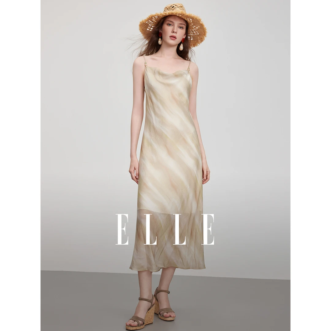 ELLE法式晕染荡领外出吊带裙连衣裙女2025夏季气质长裙子EL50968