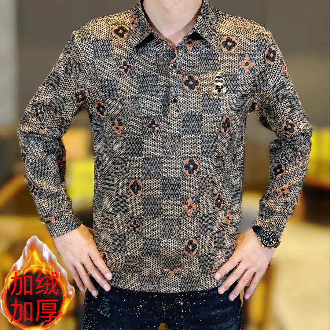 2025秋冬新款男士时尚弹力百搭休闲幸运花图案翻领加绒加厚针织衫