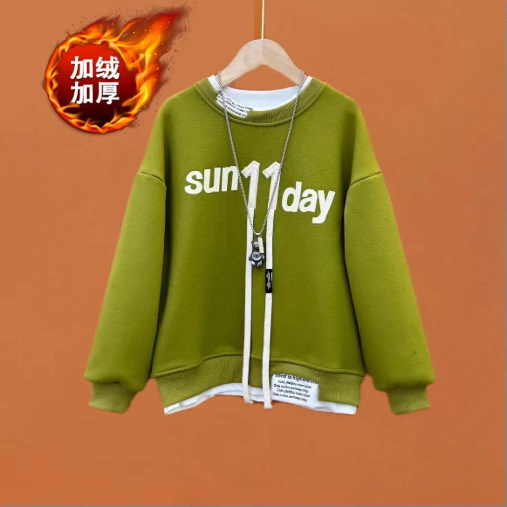 现货冬款男女童加绒圆领卫衣中大童一体绒加厚上衣牛油果绿亲子装