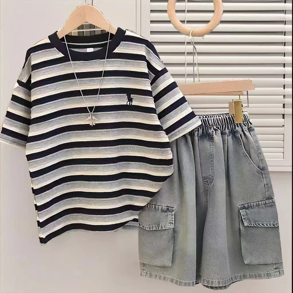 童装男童夏装T恤2025新款儿童夏季薄款条纹纯棉短袖男孩宽松帅气