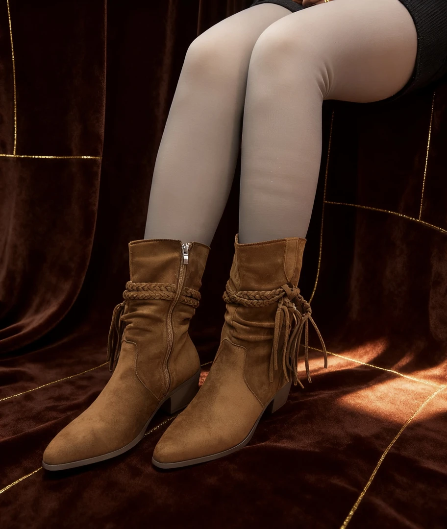 尖头粗跟常规款女秋冬流苏中筒复古牛仔筒靴