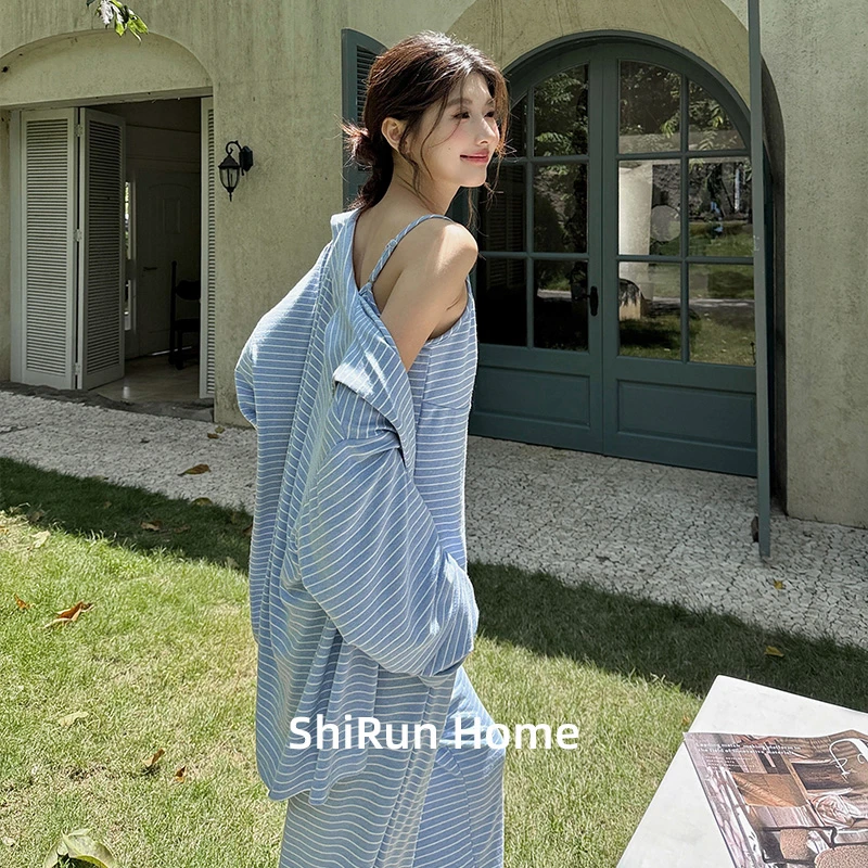 拾润小众睡衣女春秋吊带三件可外穿家居服套装时尚休闲条纹裸感