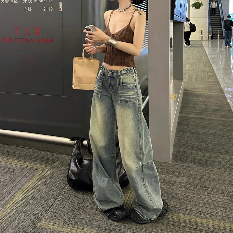 美式水洗做旧阔腿牛仔裤女秋季纽扣设计复古高腰宽松直筒拖地长裤